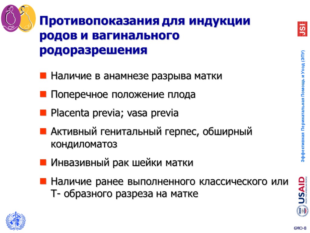 Противопоказания для индукции родов и вагинального родоразрешения Наличие в анамнезе разрыва матки Поперечное положение